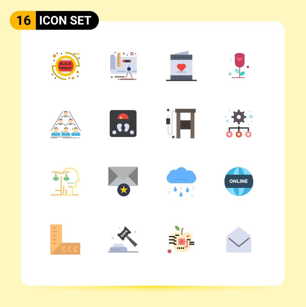 grupo de 16 signos y símbolos de colores planos para estructura tarjeta de equipo amor flor paquete editable de elementos creativos de diseño de vectores