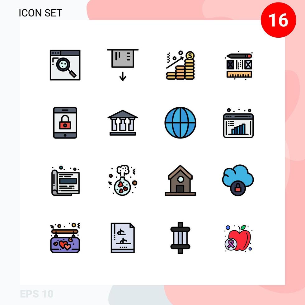 User Interface Pack of 16 Basic Flat Color Filled Lines of bank lock chart encryption process Editable Creative Vector Design Elements