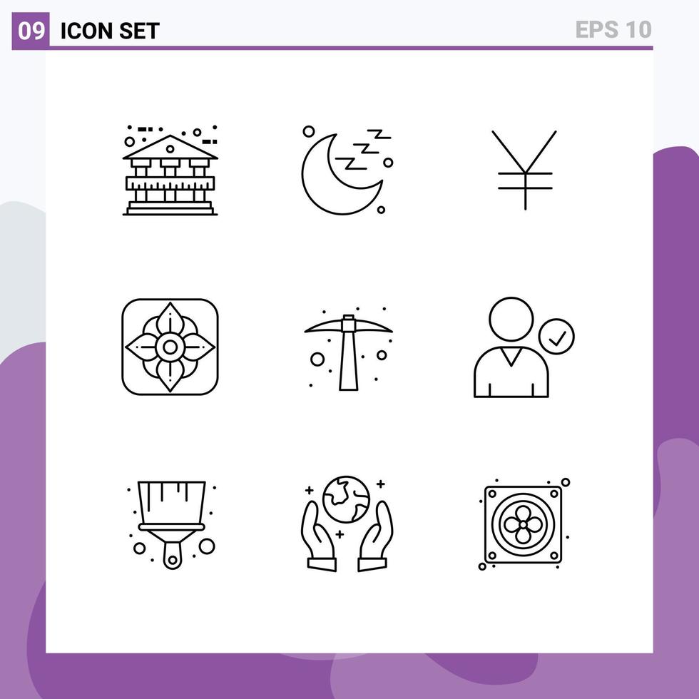 Group of 9 Outlines Signs and Symbols for complete tool yuan job hard work Editable Vector Design Elements