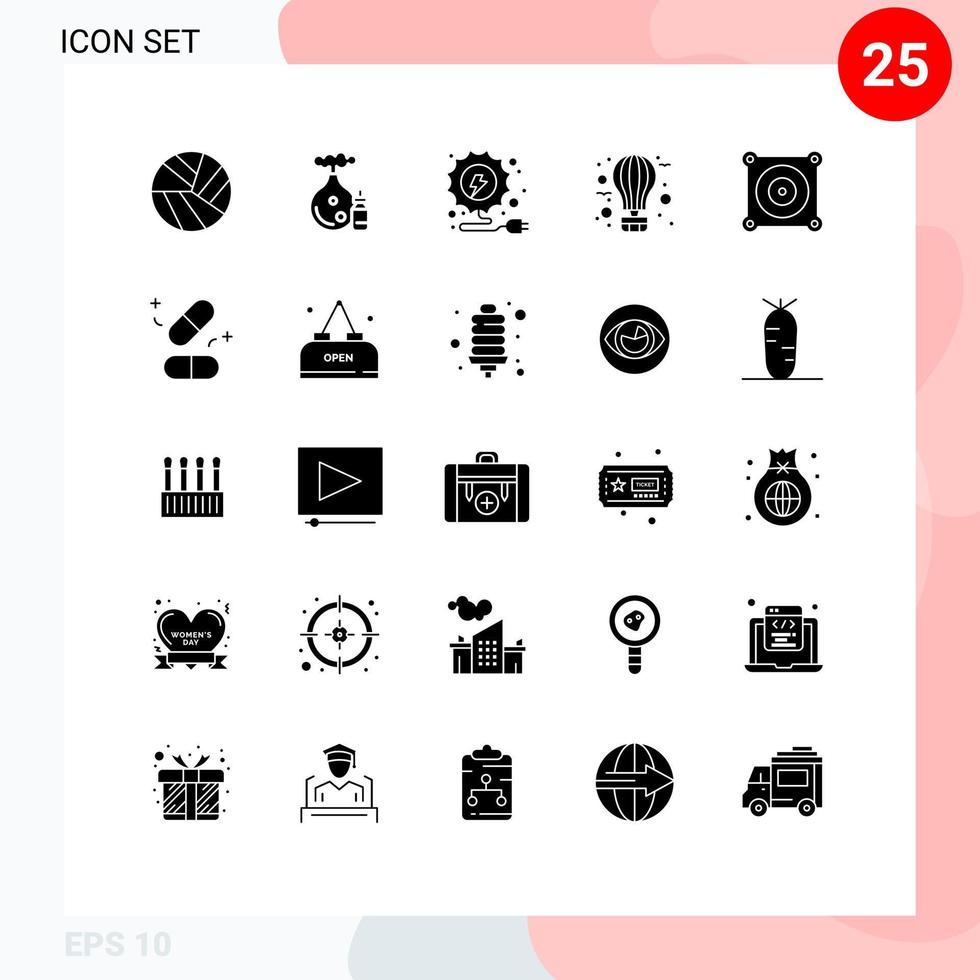 25 Universal Solid Glyphs Set for Web and Mobile Applications fan electric energy journey flying Editable Vector Design Elements