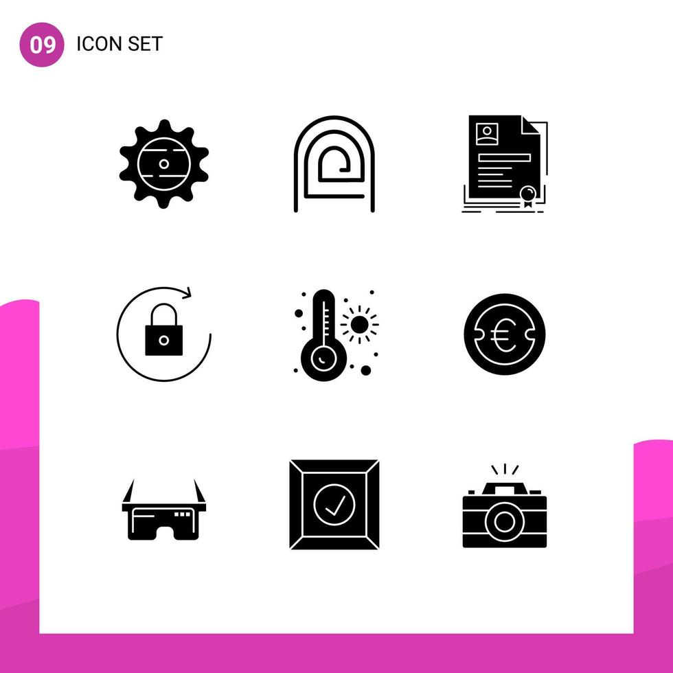 Group of 9 Modern Solid Glyphs Set for meter lock reader arrow agreement Editable Vector Design Elements