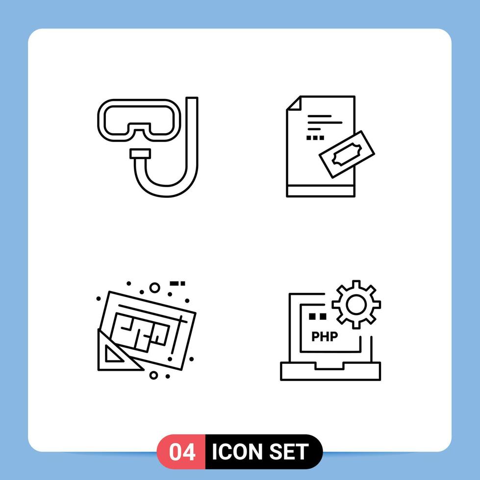 4 User Interface Line Pack of modern Signs and Symbols of beach blueprint underwater tickets map Editable Vector Design Elements