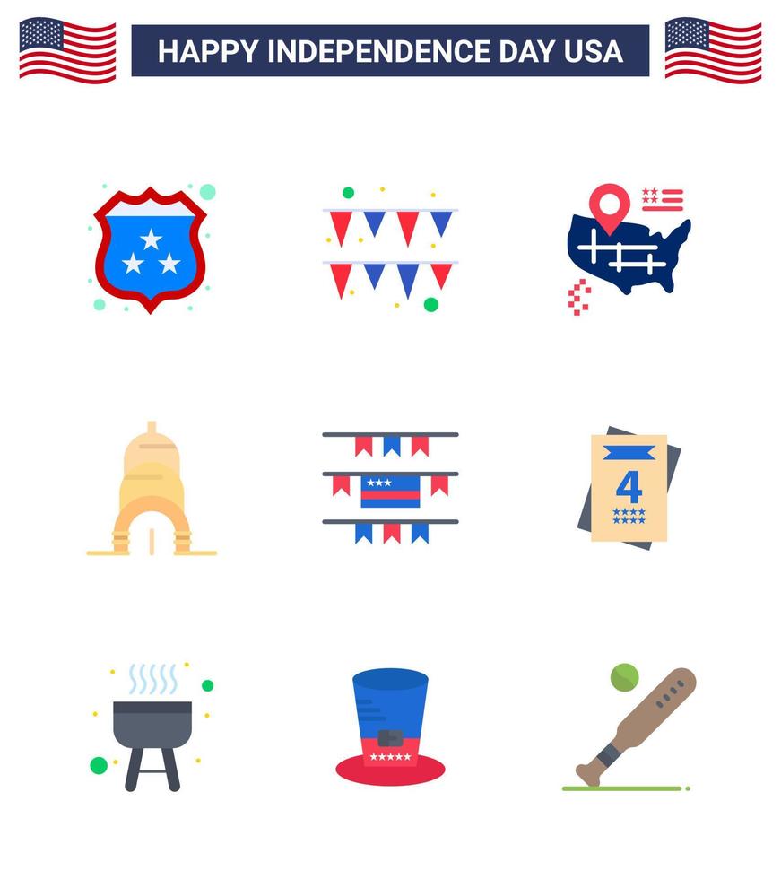 4 de julio estados unidos feliz día de la independencia icono símbolos grupo de 9 pisos modernos de amor mapa americano decoración de fiestas estados unidos editable día de estados unidos elementos de diseño vectorial vector