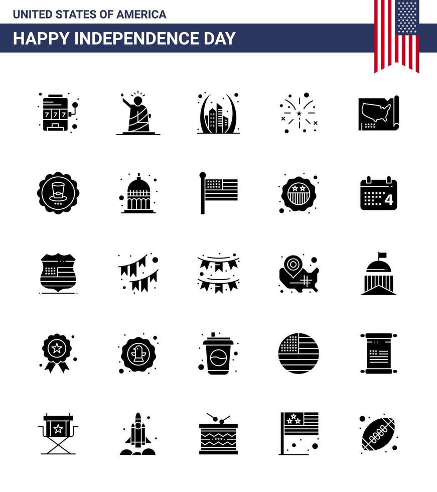 Pack of 25 creative USA Independence Day related Solid Glyph of usa fire usa firework landmark Editable USA Day Vector Design Elements