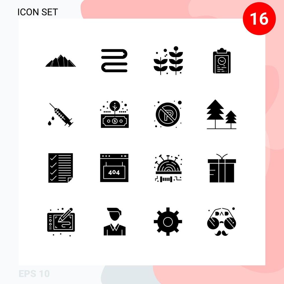 Pack of 16 Modern Solid Glyphs Signs and Symbols for Web Print Media such as injection training business progress coach Editable Vector Design Elements