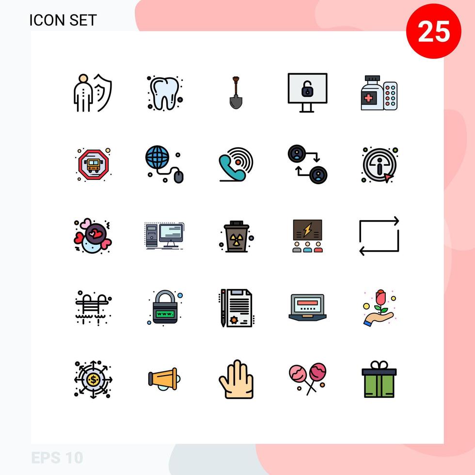 paquete de 25 modernos signos y símbolos de colores planos de línea rellena para medios de impresión web, como la seguridad de la medicina, el bloqueo de exhibición, la excavación de elementos de diseño de vectores editables