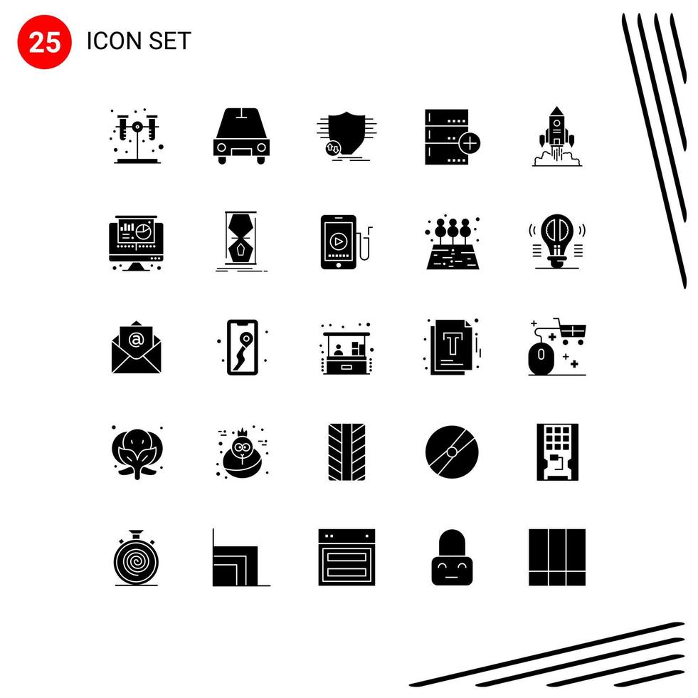25 User Interface Solid Glyph Pack of modern Signs and Symbols of spaceship database money data backup Editable Vector Design Elements