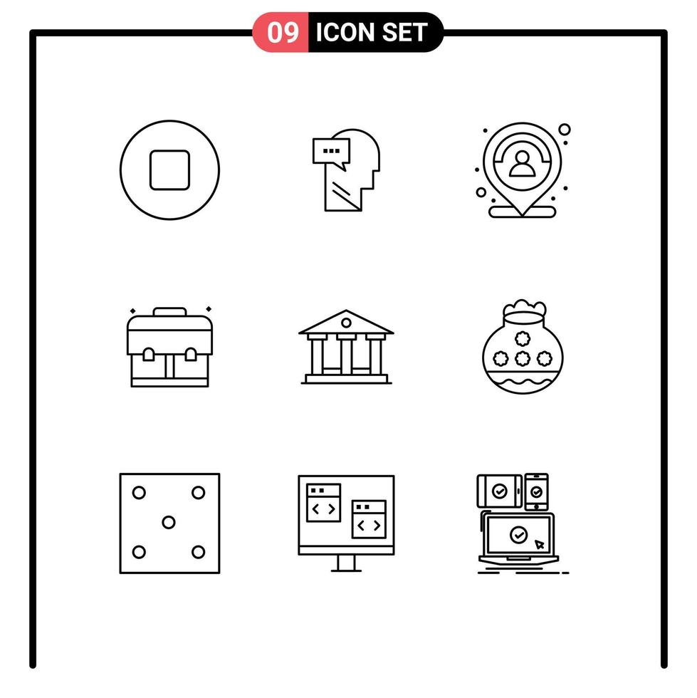 Pack of 9 creative Outlines of pot building map bank education Editable Vector Design Elements