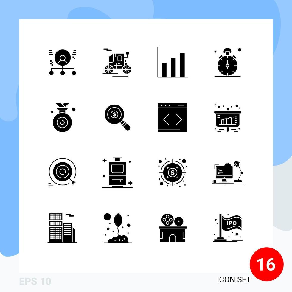 Set of 16 Commercial Solid Glyphs pack for olympic time finance timer stop Editable Vector Design Elements
