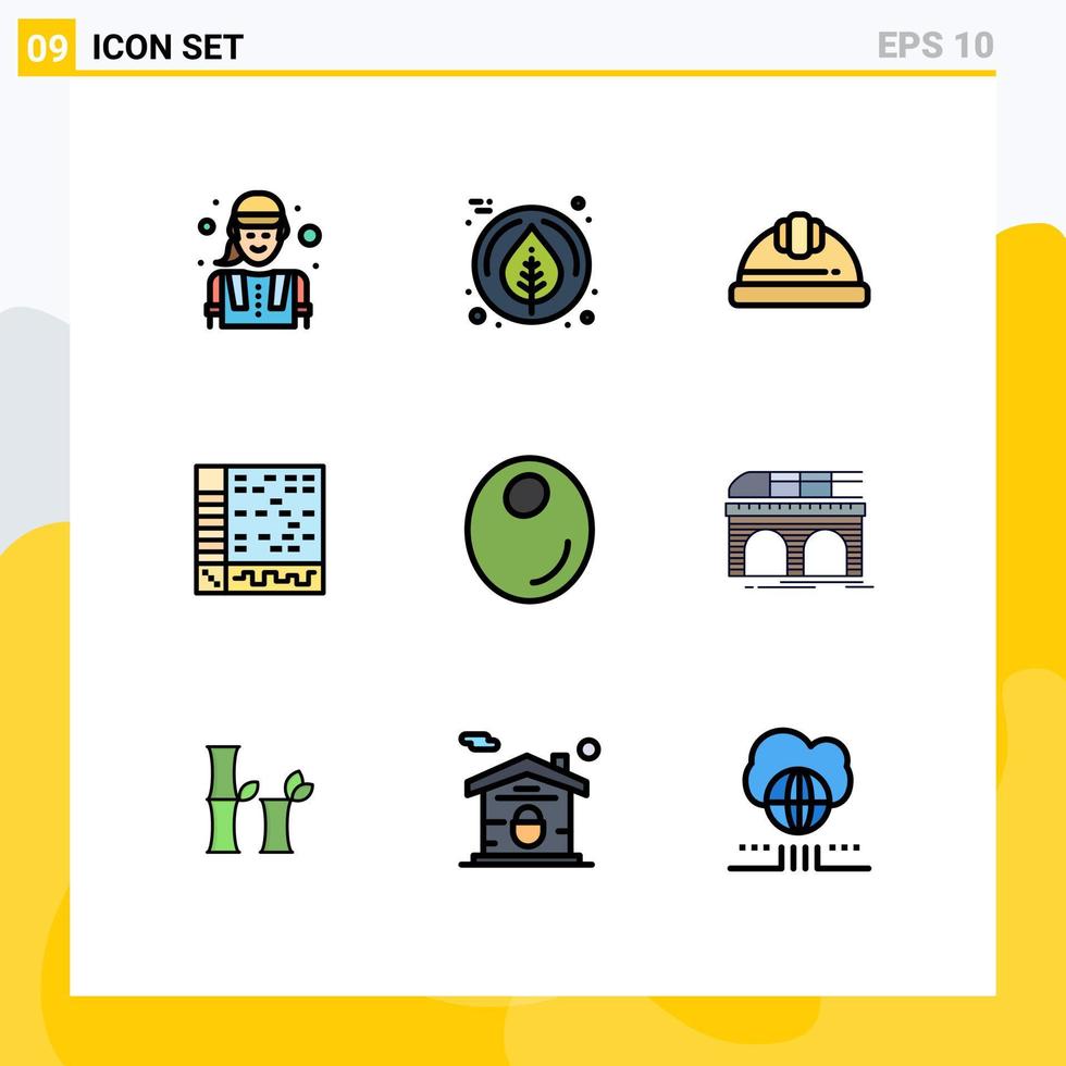 Set of 9 Commercial Filledline Flat Colors pack for fruit daw helmet computer application Editable Vector Design Elements
