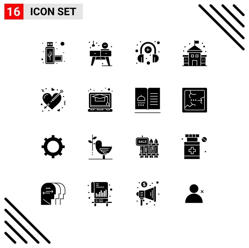 Pack of 16 Modern Solid Glyphs Signs and Symbols for Web Print Media such as love cupid headphone arrow education Editable Vector Design Elements