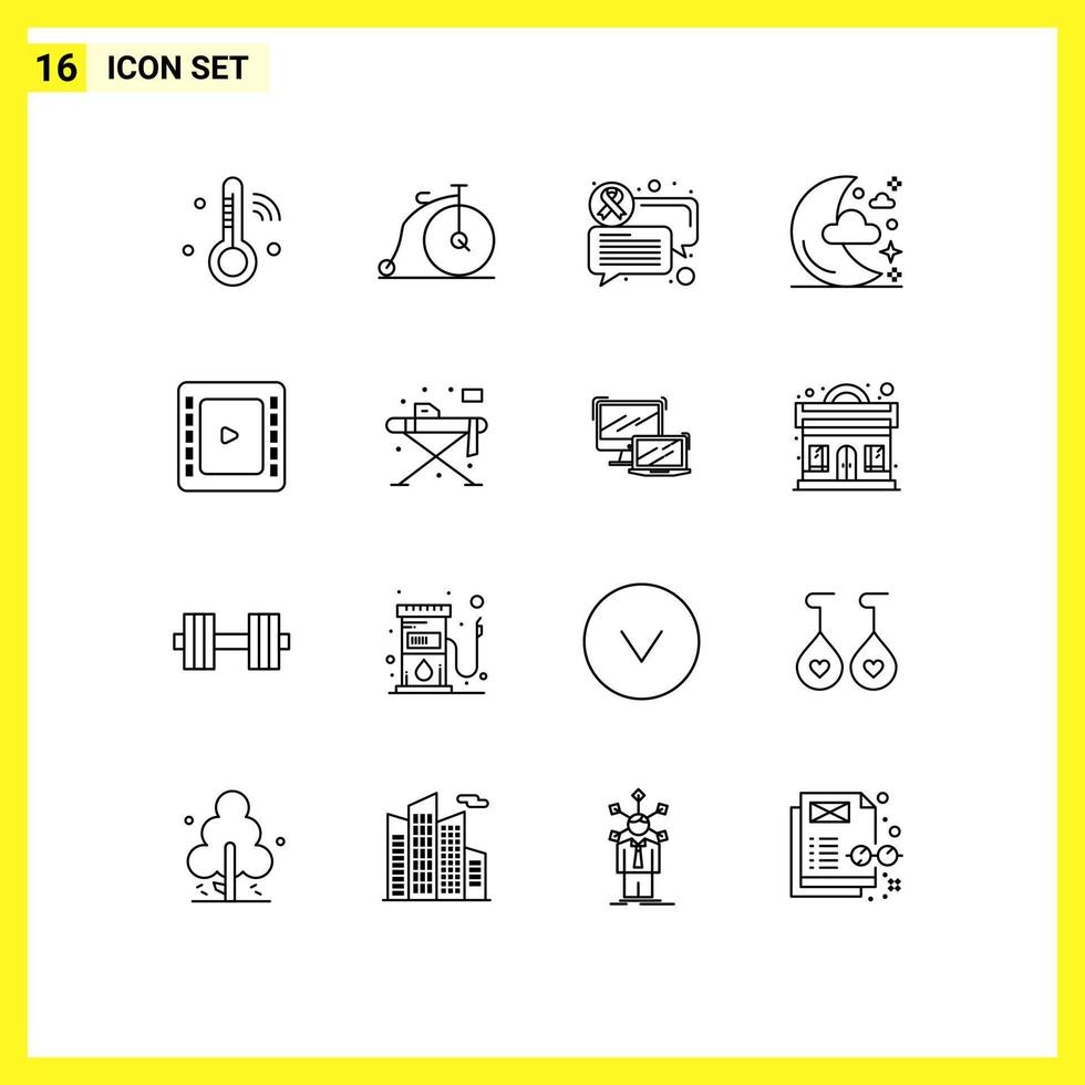 Group of 16 Modern Outlines Set for cinematography cienma tape chat stars moon Editable Vector Design Elements