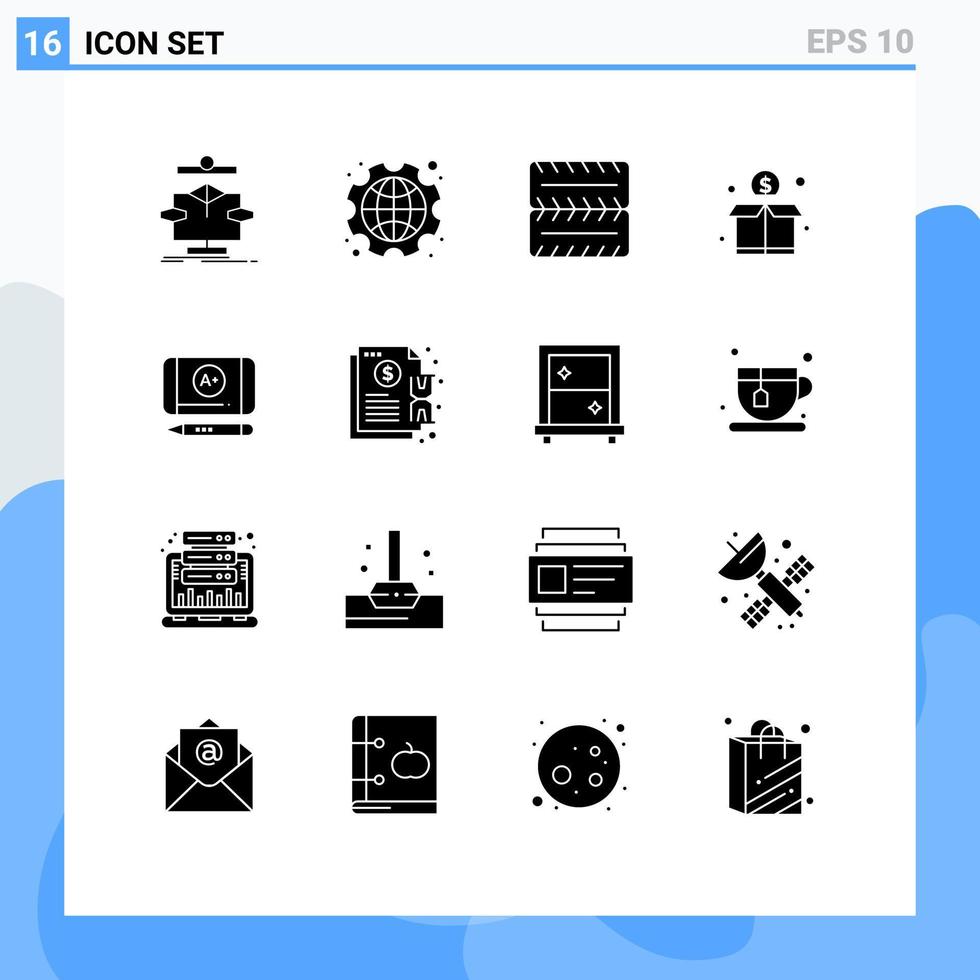 Mobile Interface Solid Glyph Set of 16 Pictograms of achieve money labor funding crowd Editable Vector Design Elements