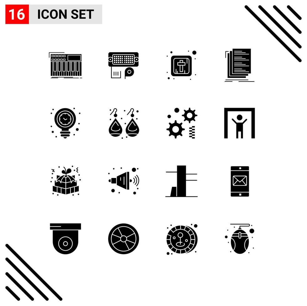 Pictogram Set of 16 Simple Solid Glyphs of clock files input compile code Editable Vector Design Elements