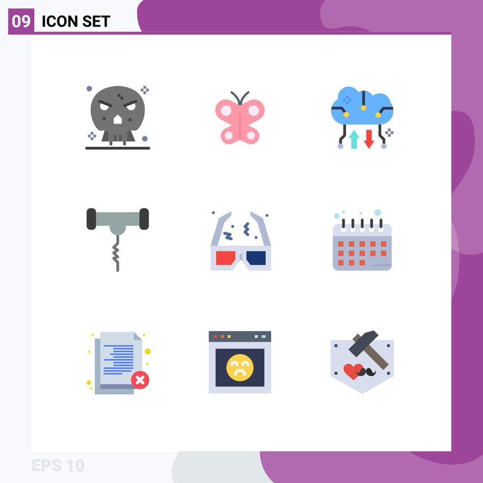9 User Interface Flat Color Pack of modern Signs and Symbols of glasses meal cloud backup food online storage Editable Vector Design Elements