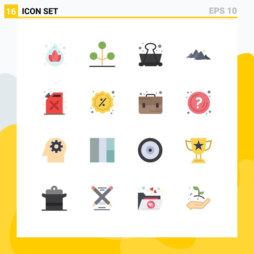 paquete de 16 signos y símbolos de colores planos modernos para medios de impresión web, como caña, sol, educación, paisaje natural, paquete editable de elementos de diseño de vectores creativos