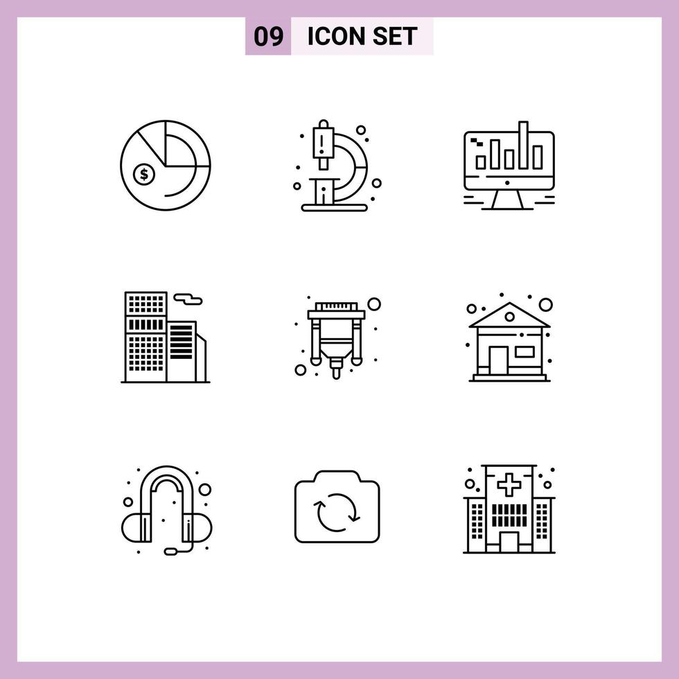 Mobile Interface Outline Set of 9 Pictograms of office estate microscope building graph Editable Vector Design Elements