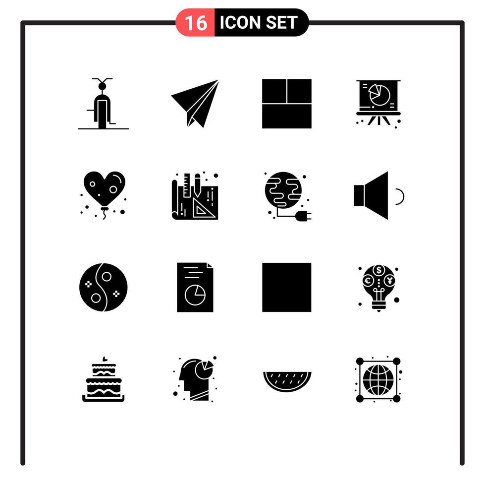 16 User Interface Solid Glyph Pack of modern Signs and Symbols of blueprints heart grid balloon pie Editable Vector Design Elements