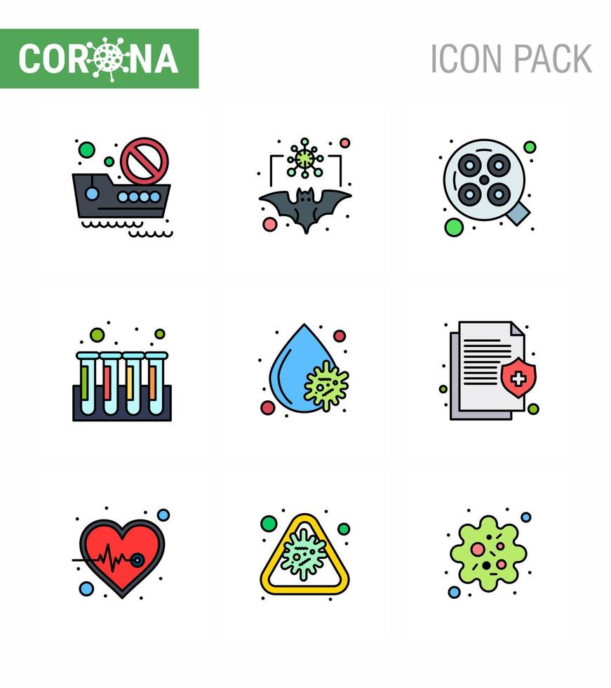 Coronavirus Prevention Set Icons 9 Filled Line Flat Color icon such as blood test virus experiment surgical viral coronavirus 2019nov disease Vector Design Elements