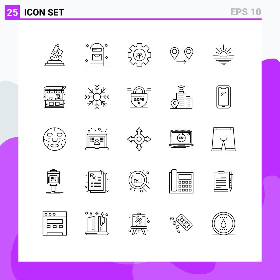 conjunto moderno de 25 líneas y símbolos, como el mapa del entorno del sol de la mañana, elementos de diseño de vectores editables gps
