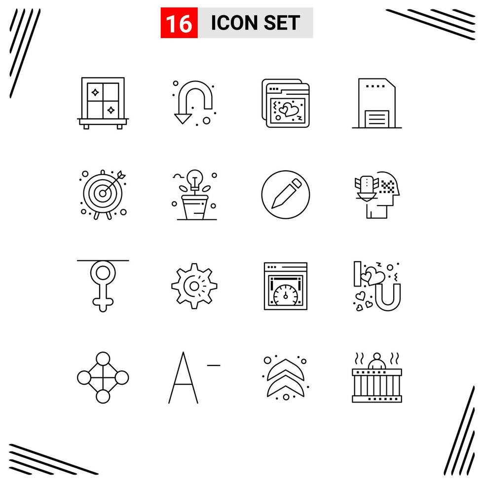 Universal Icon Symbols Group of 16 Modern Outlines of target arrow ux paper hand Editable Vector Design Elements