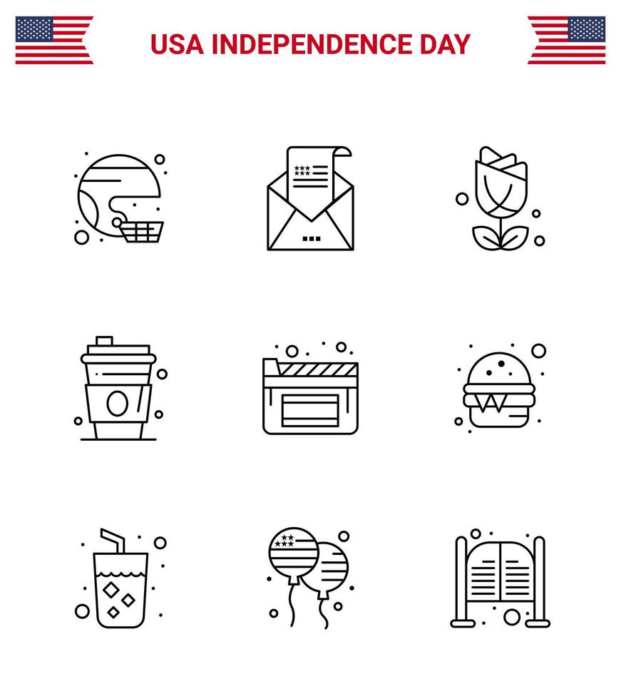 Happy Independence Day 4th July Set of 9 Lines American Pictograph of juice alcohol greeting plent imerican Editable USA Day Vector Design Elements