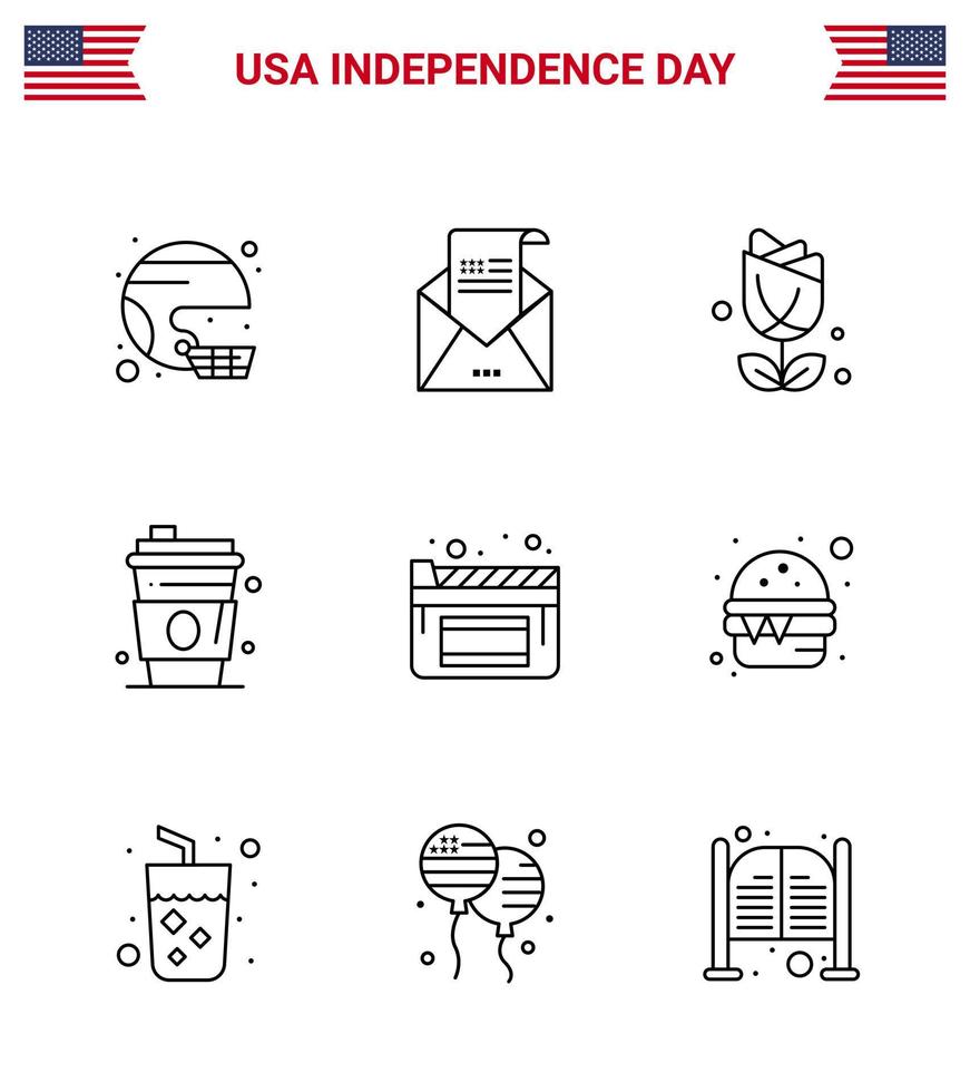 feliz día de la independencia 4 de julio conjunto de 9 líneas pictografía americana de jugo alcohol saludo abundante imerican elementos de diseño de vector de día de estados unidos editables