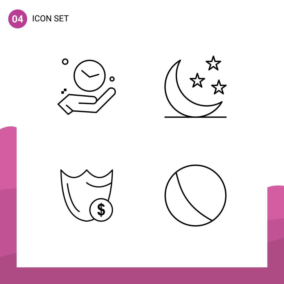 Pack of 4 creative Filledline Flat Colors of clock guard time moon secure Editable Vector Design Elements