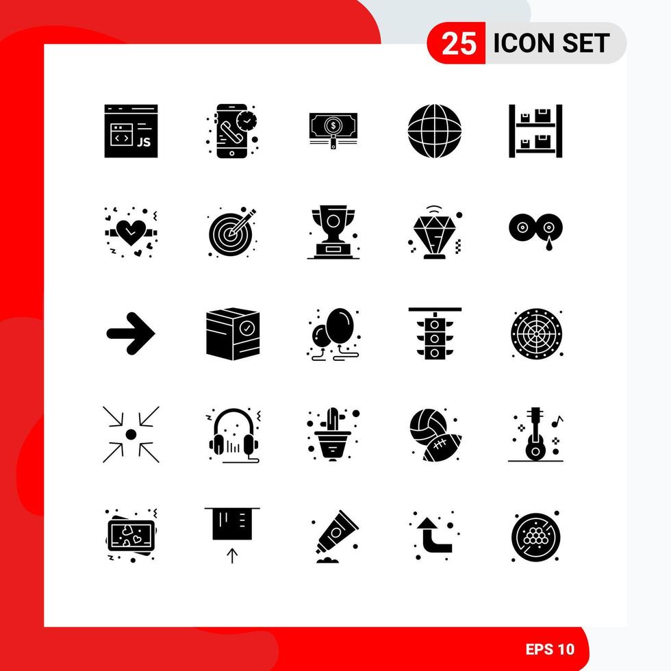 Pictogram Set of 25 Simple Solid Glyphs of search globe receiver dollar search Editable Vector Design Elements