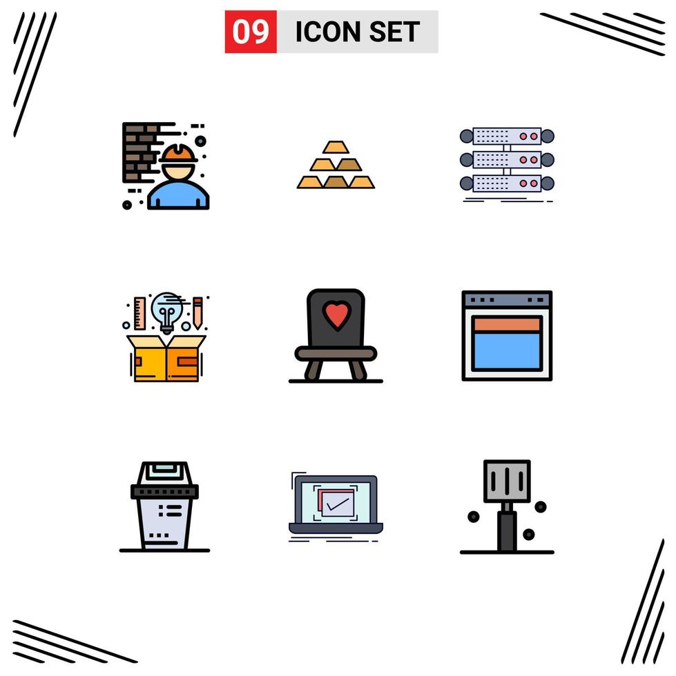 9 User Interface Filledline Flat Color Pack of modern Signs and Symbols of computer database golden rack server Editable Vector Design Elements