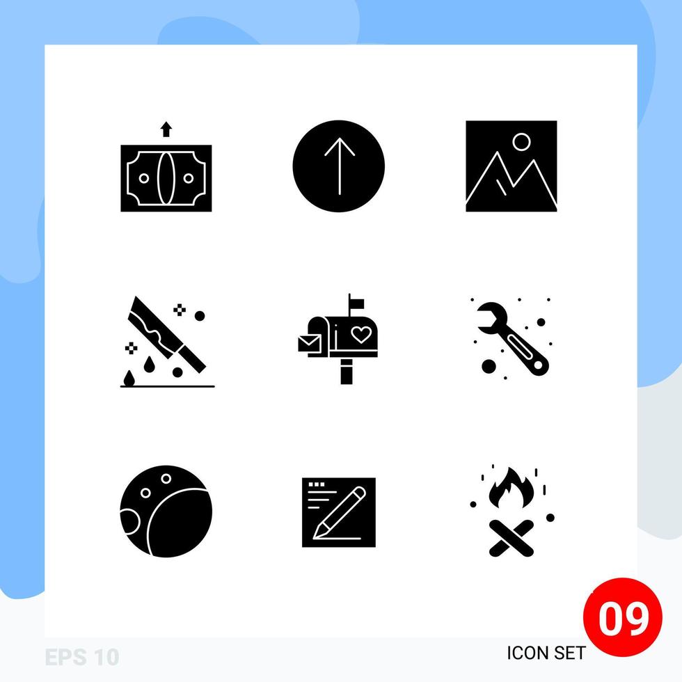 Universal Icon Symbols Group of 9 Modern Solid Glyphs of mail box knife frame horror blood Editable Vector Design Elements