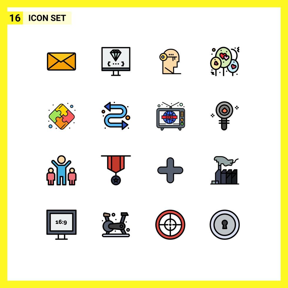 16 Universal Flat Color Filled Lines Set for Web and Mobile Applications puzzle heart programming balloon mind Editable Creative Vector Design Elements