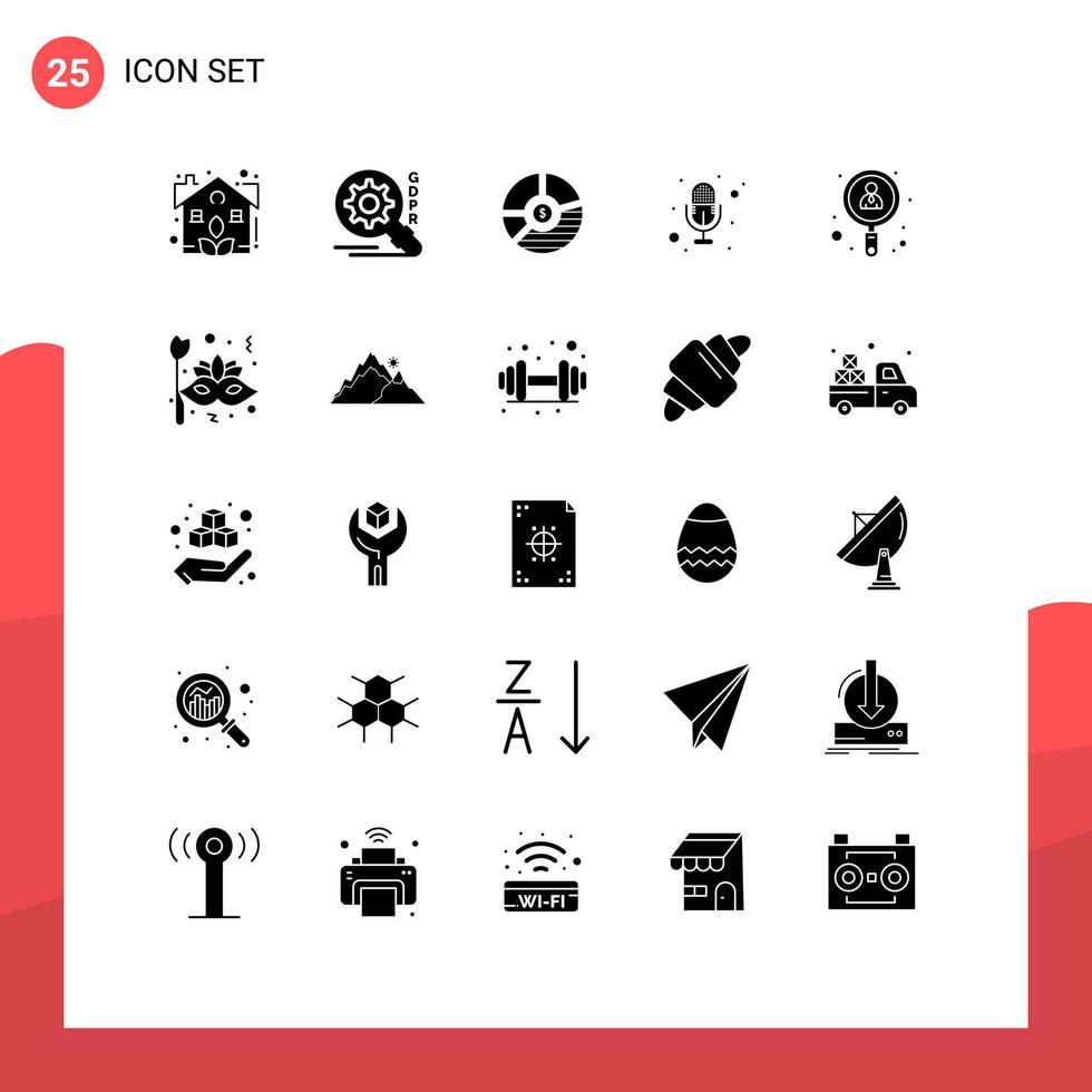 Modern Set of 25 Solid Glyphs Pictograph of employee recording analysis mic seo Editable Vector Design Elements