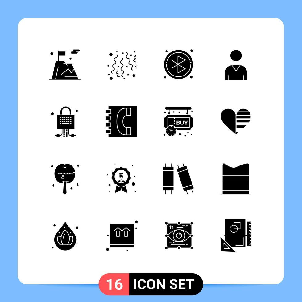 Solid Glyph Pack of 16 Universal Symbols of technology locked bluetooth lock interface Editable Vector Design Elements