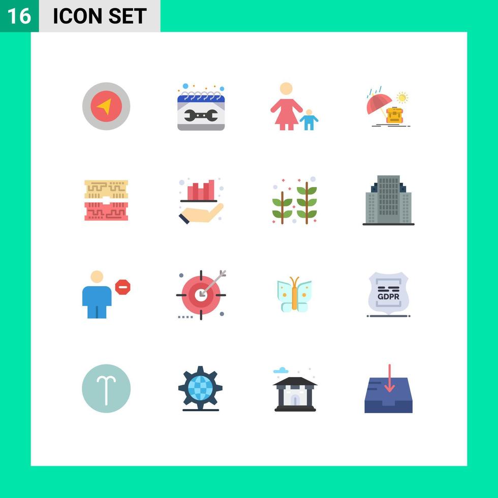 conjunto de 16 colores planos comerciales paquete para tarjetas sol niño mochila madre paquete editable de elementos creativos de diseño vectorial vector