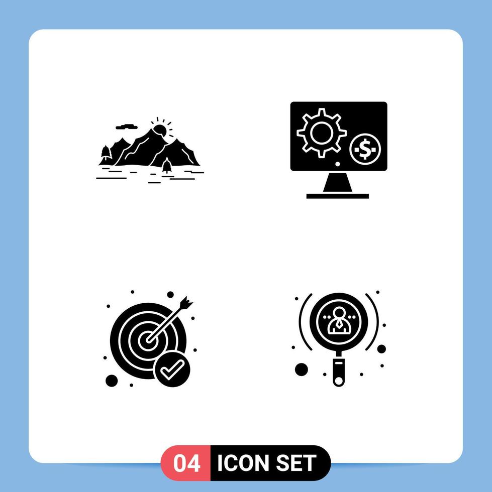 Modern Set of 4 Solid Glyphs and symbols such as mountain gear nature monitor achievement Editable Vector Design Elements