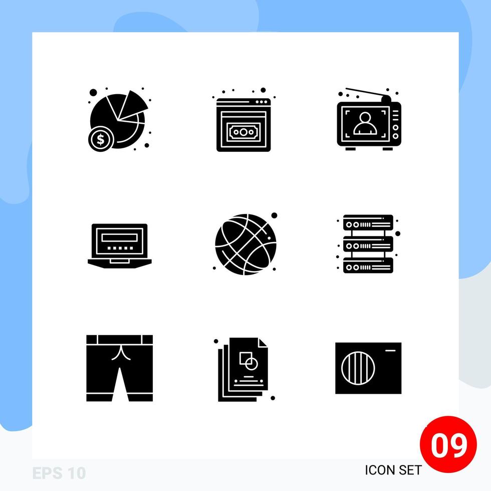 Editable Vector Line Pack of 9 Simple Solid Glyphs of online world globe advertising education computer Editable Vector Design Elements