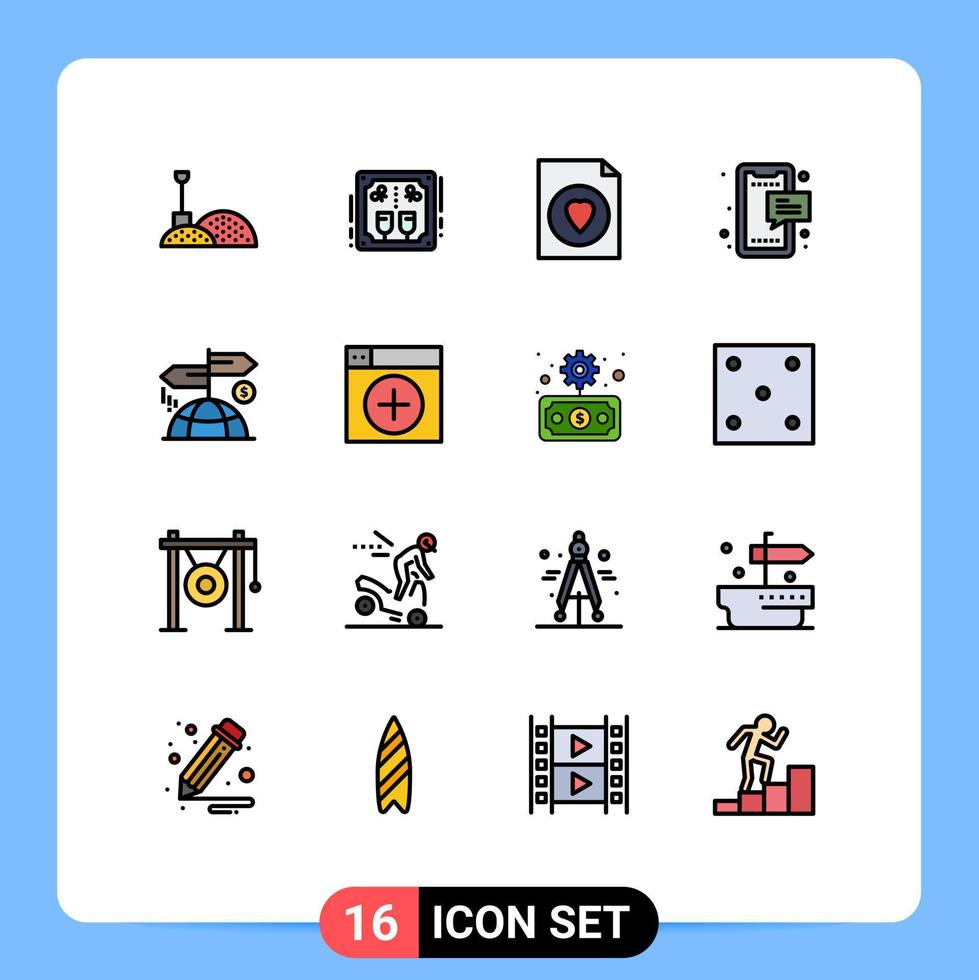 Group of 16 Flat Color Filled Lines Signs and Symbols for direction phone document mobile chat Editable Creative Vector Design Elements