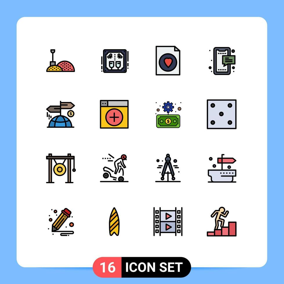 grupo de 16 líneas rellenas de color plano signos y símbolos para dirección documento de teléfono chat móvil elementos de diseño de vectores creativos editables