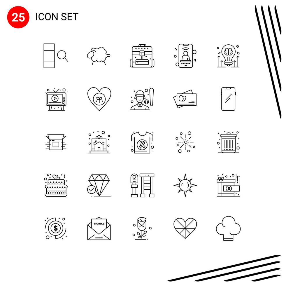 Set of 25 Commercial Lines pack for bulb brain business phone user Editable Vector Design Elements