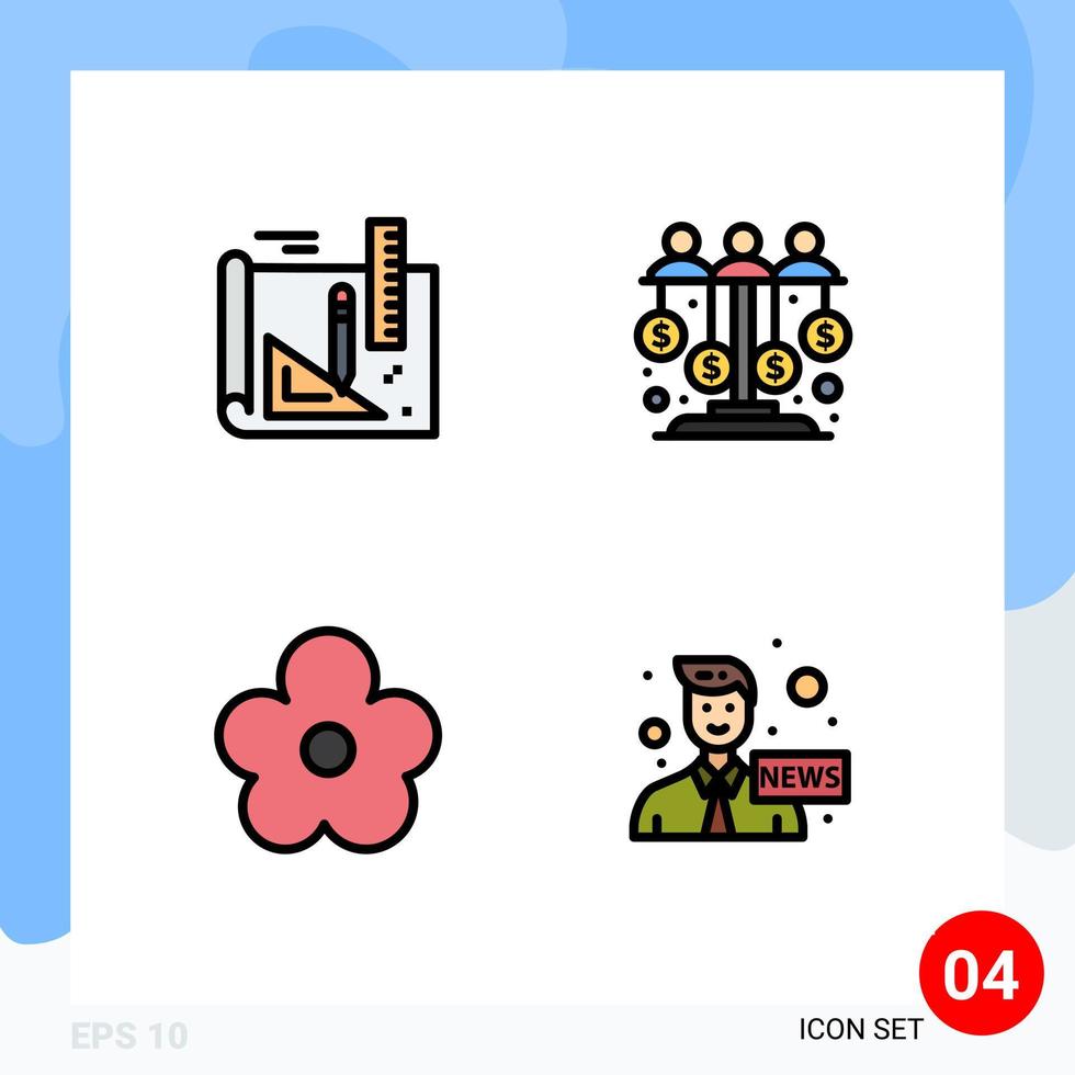 Universal Icon Symbols Group of 4 Modern Filledline Flat Colors of art flower pencil investment pot Editable Vector Design Elements