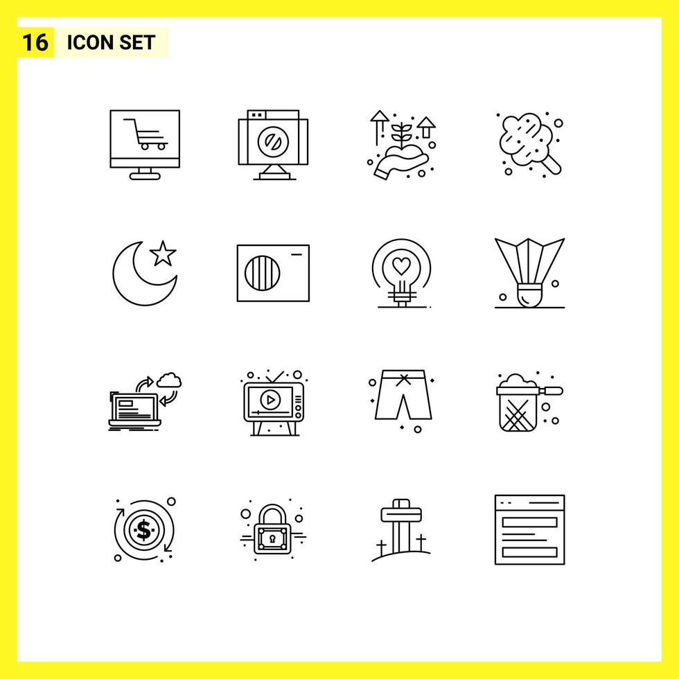 Mobile Interface Outline Set of 16 Pictograms of night moon business startup sweets dessert Editable Vector Design Elements