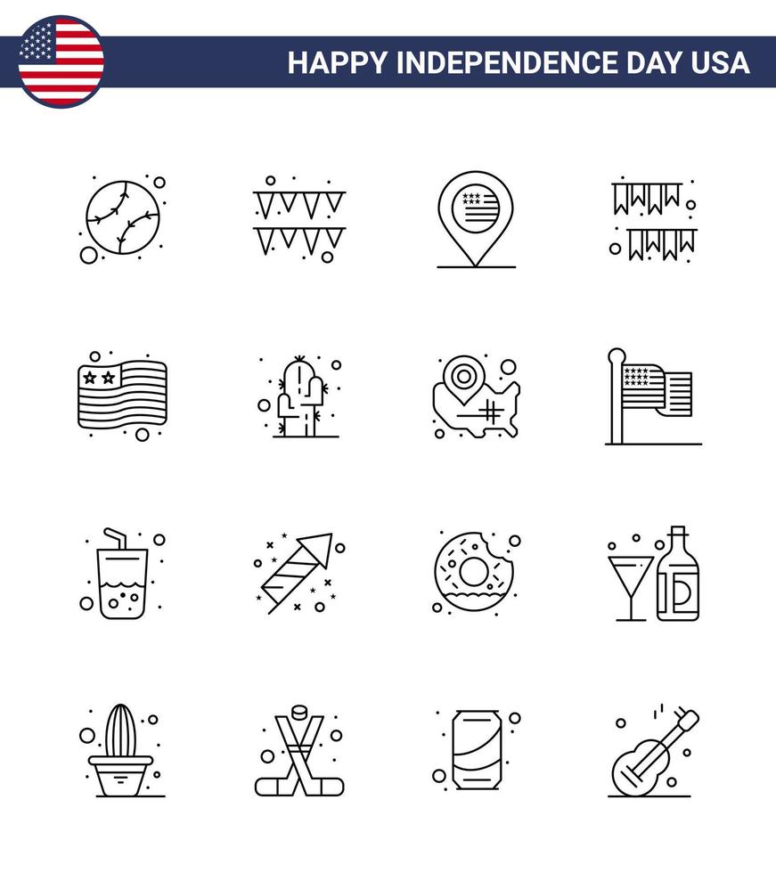 Pack of 16 USA Independence Day Celebration Lines Signs and 4th July Symbols such as flag party location decoration garland Editable USA Day Vector Design Elements