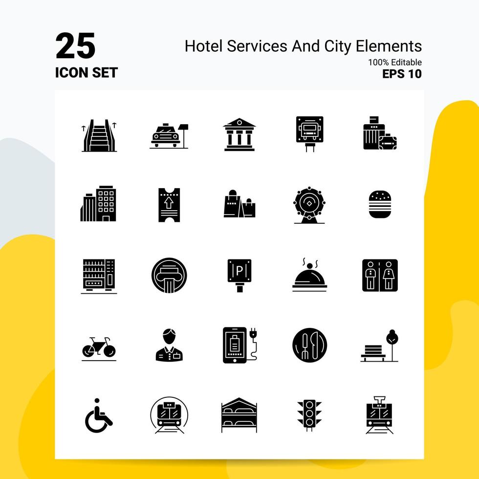 25 servicios de hotel y conjunto de iconos de elementos de la ciudad 100 archivos editables eps 10 ideas de concepto de logotipo de empresa diseño de icono de glifo sólido vector