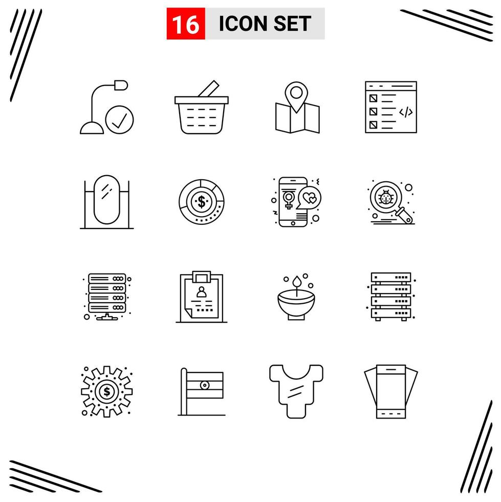 Group of 16 Modern Outlines Set for furniture list location development coding Editable Vector Design Elements