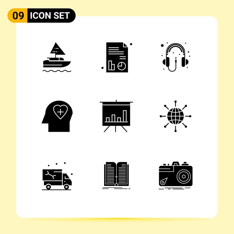 Modern Set of 9 Solid Glyphs Pictograph of connect board computer analytics head Editable Vector Design Elements