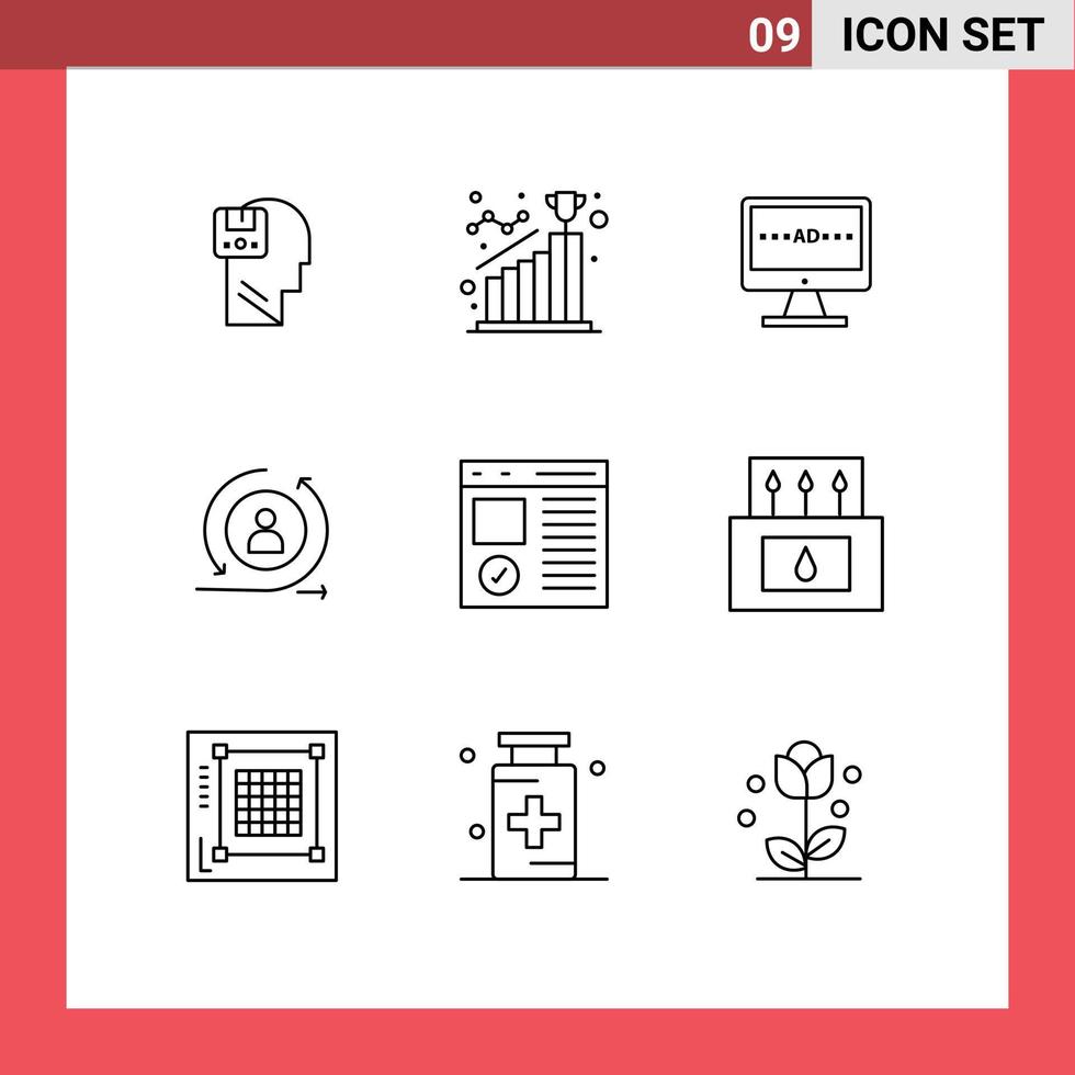 9 símbolos de signos de contorno universal del visitante que regresa alcanzando elementos de diseño vectorial editables de televisión lcd vector