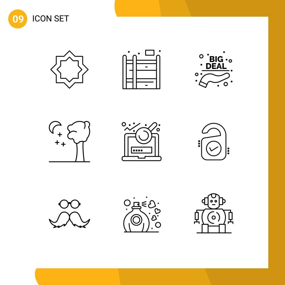 9 Creative Icons Modern Signs and Symbols of research analysis big deal night arbor Editable Vector Design Elements