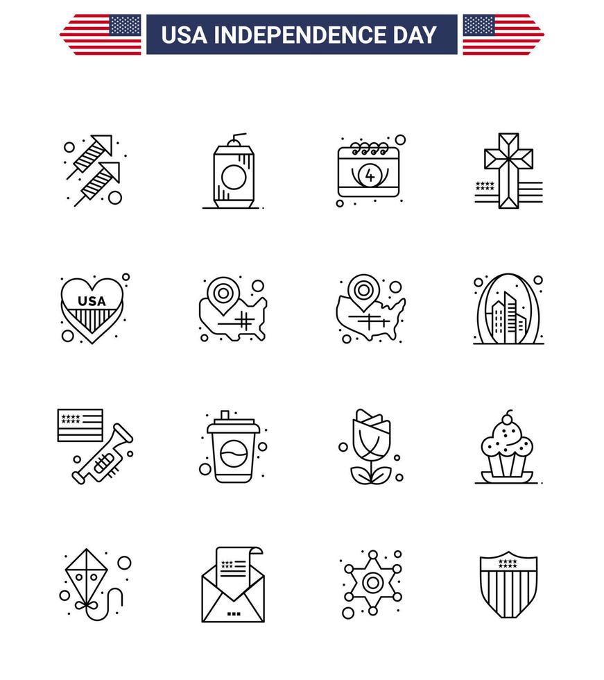 16 Line Signs for USA Independence Day love american american church american Editable USA Day Vector Design Elements