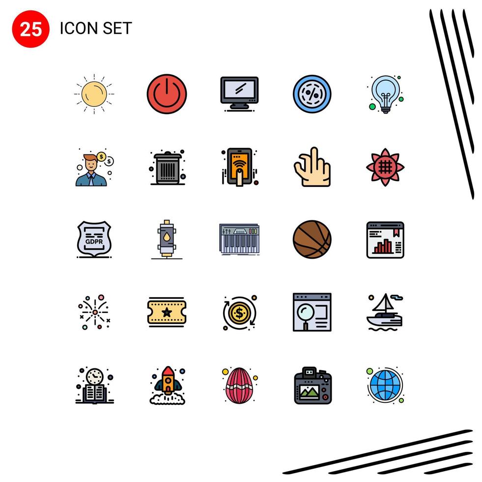 25 Universal Filled line Flat Color Signs Symbols of commerce discount power pc device Editable Vector Design Elements